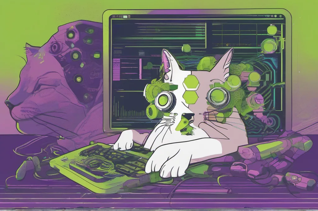 Recurring editorial scenes feature cats with clearly visible mechanical or cybernetic parts investigating AI-agent audit setups: tracing an agent's actions, examining evaluation results, or inspecting safety controls. Use crisp, atmospheric digital illustration with lime highlights and restrained purple haze against dark settings; keep subjects and props legible, and do not depict fake software screenshots, brand lettering, or logos.: How to Turn AI Agent Risks into a NIST AI RMF Register in Excel