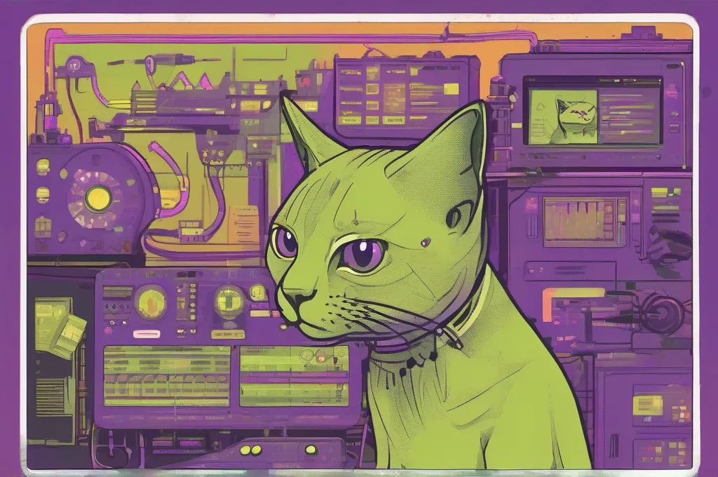 Recurring editorial scenes feature cats with clearly visible mechanical or cybernetic parts investigating AI-agent audit setups: tracing an agent's actions, examining evaluation results, or inspecting safety controls. Use crisp, atmospheric digital illustration with lime highlights and restrained purple haze against dark settings; keep subjects and props legible, and do not depict fake software screenshots, brand lettering, or logos.: Top 5 Mock API Servers for Testing AI Agent Integrations Without Live Calls