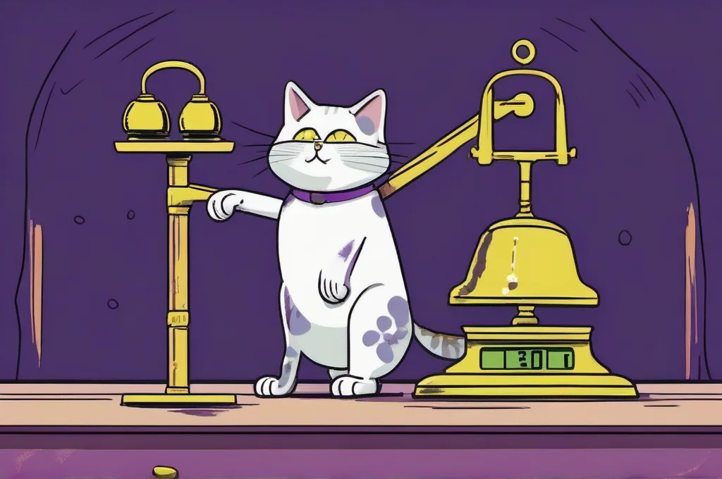 Braintrust: A cat taps a small brass bell beside a balance scale whose loaded pan has just dipped low. The scale and bell sit on a dark industrial bench, lit with restrained lime edge light and a faint purple wash; the scene contains no lettering, labels, or numbers..