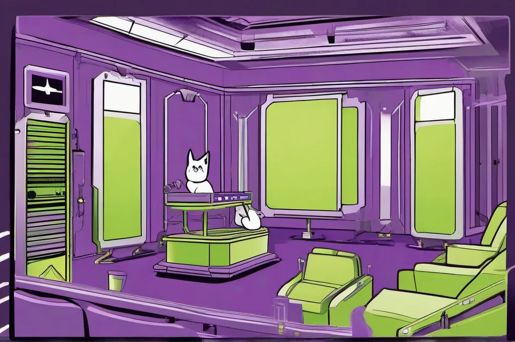 MockServer: A compact mechanical theater sits backstage, with several plain curtain panels nested behind its small frame. One cat turns the theater’s side crank to advance a single panel into view. Use a moody technical illustration, near-black setting, toxic-lime accents, and restrained purple lighting..