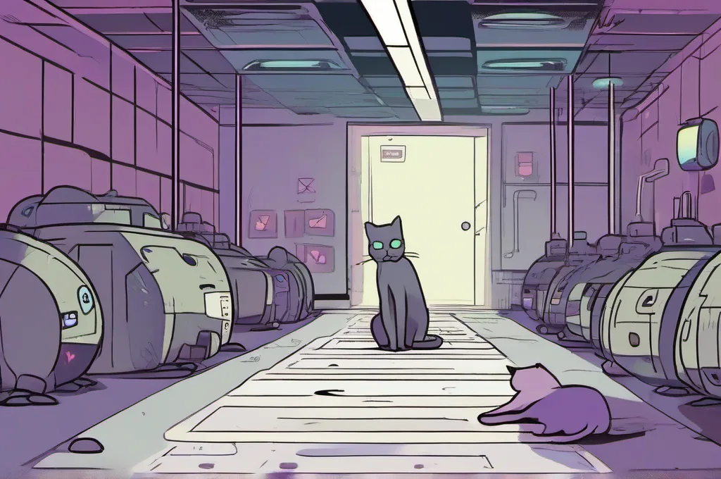 DeepEval: A row of broad stepping stones is the main object as one cat crosses them in order through a dim indoor testing room. The stones form a clear, gently winding path from one side of the floor to the other, rendered as a cyberpunk-inspired technical field-guide illustration..