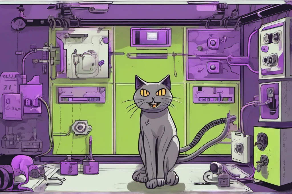 WireMock: A mechanical matching board fills a dim workshop wall, its unmarked metal sockets cut into distinct shapes. One cat slots a precisely shaped key into its matching opening. Crisp technical illustration, near-black surroundings, toxic-lime edge lighting, and a restrained purple wash..