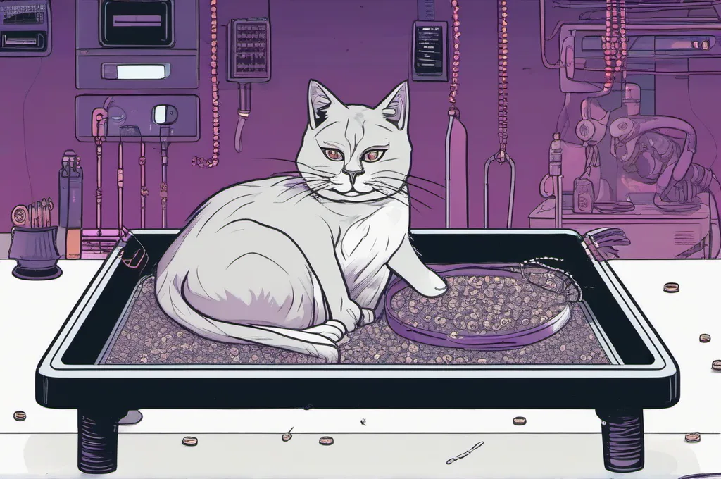 Langfuse: A wire sieve is the main object as one cat sifts a small handful of smooth wooden beads over a shallow tray, letting only a few pass through. The sieve and tray rest on a workshop table, in a restrained cyberpunk-inspired technical field-guide illustration..