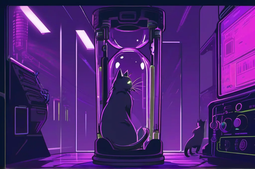 Beeceptor: A tall glass hourglass rests inside a quiet, dark testing chamber, fine grains still falling through its narrow neck. One cat steadies the hourglass with a paw, watching the slow stream. Render it as a cyberpunk field-guide illustration with toxic-lime reflections and restrained purple lighting..
