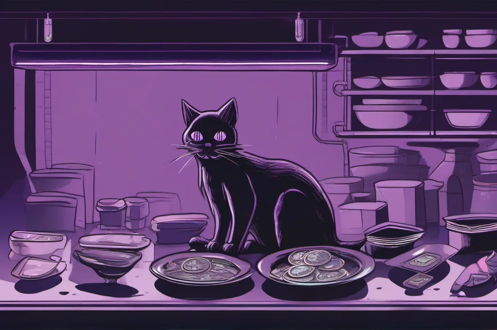 Langfuse: A cybernetic cat sets a smooth metal token into a row of shallow specimen dishes beside a small tray of blank cards. Several dishes hold differently shaped tokens on a dark review bench; crisp technical field-guide illustration with restrained purple lighting..