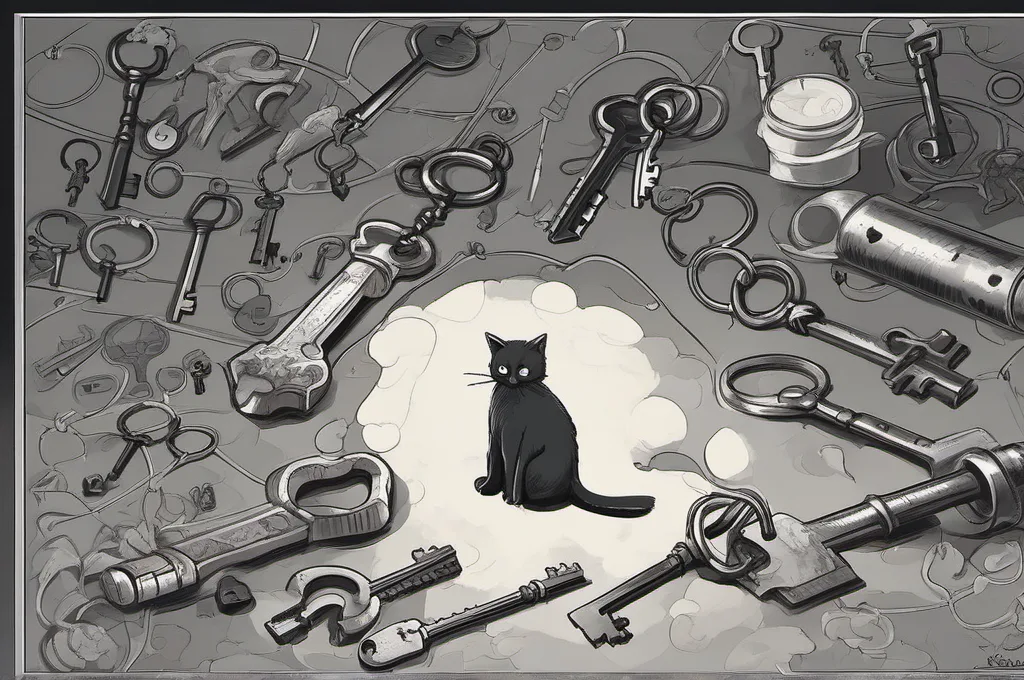 Microsoft Defender for Cloud CIEM: An oversized ring of mismatched iron keys lies on a dark workbench beside a single simple lock. One cat separates a small handful of keys from the sprawling ring with its paw. The keys and lock are unmarked, and the scene is framed closely against a near-black workshop..