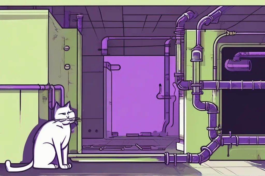Datadog Cloud Security Identity Risks: Three thick, unmarked metal pipes meet across a shadowy utility room, their ends separated by a wide gap. One cat pushes a sturdy coupling onto the open pipe ends. A faint purple glow brushes the pipes while sharp lime light catches their edges..