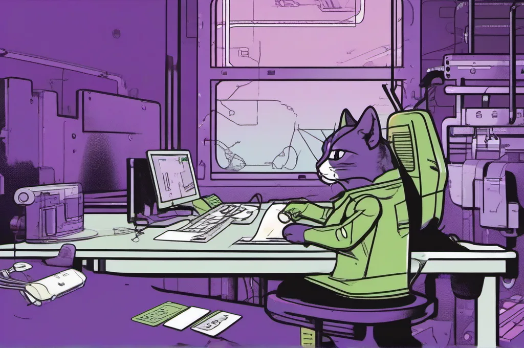 Braintrust: A cybernetic cat presses an opaque patch over a bright, irregular mark on a blank data card at a dark logging bench. A few other cards lie face down nearby; crisp technical field-guide illustration with restrained purple edge lighting..